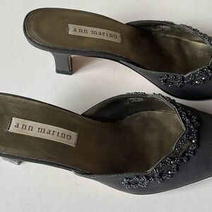 Ann Marino dark grey leather and satin beaded Mules, Size 8.5 with 3.5 inch heel